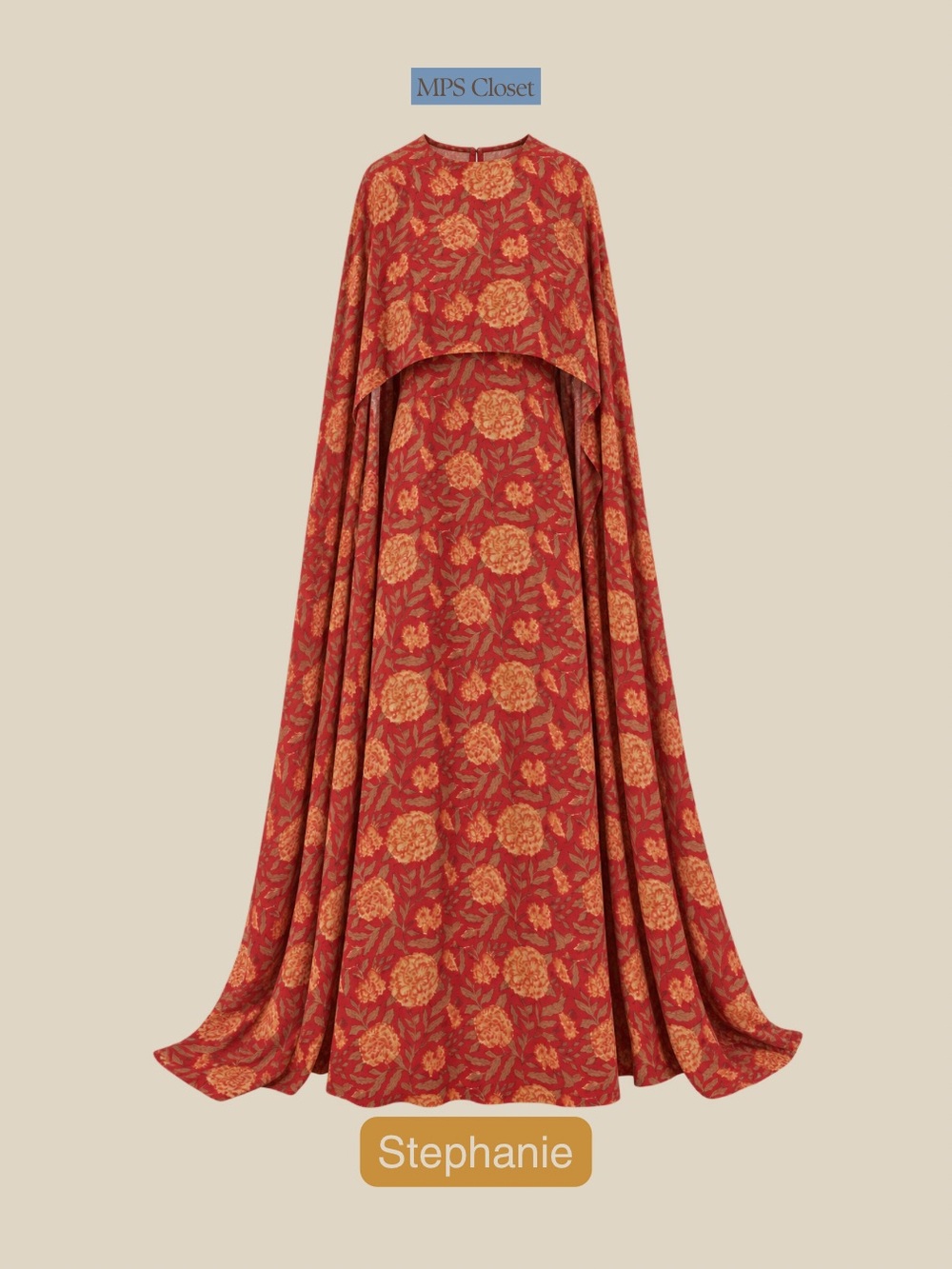 Red & Gold Floral Maxi Dress with Cape (NEW WITH TAGS)